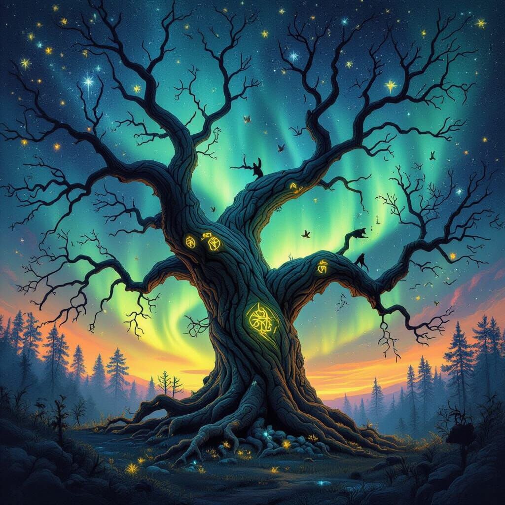 Bioluminescent Forest: Ancient Tree and Aurora Borealis