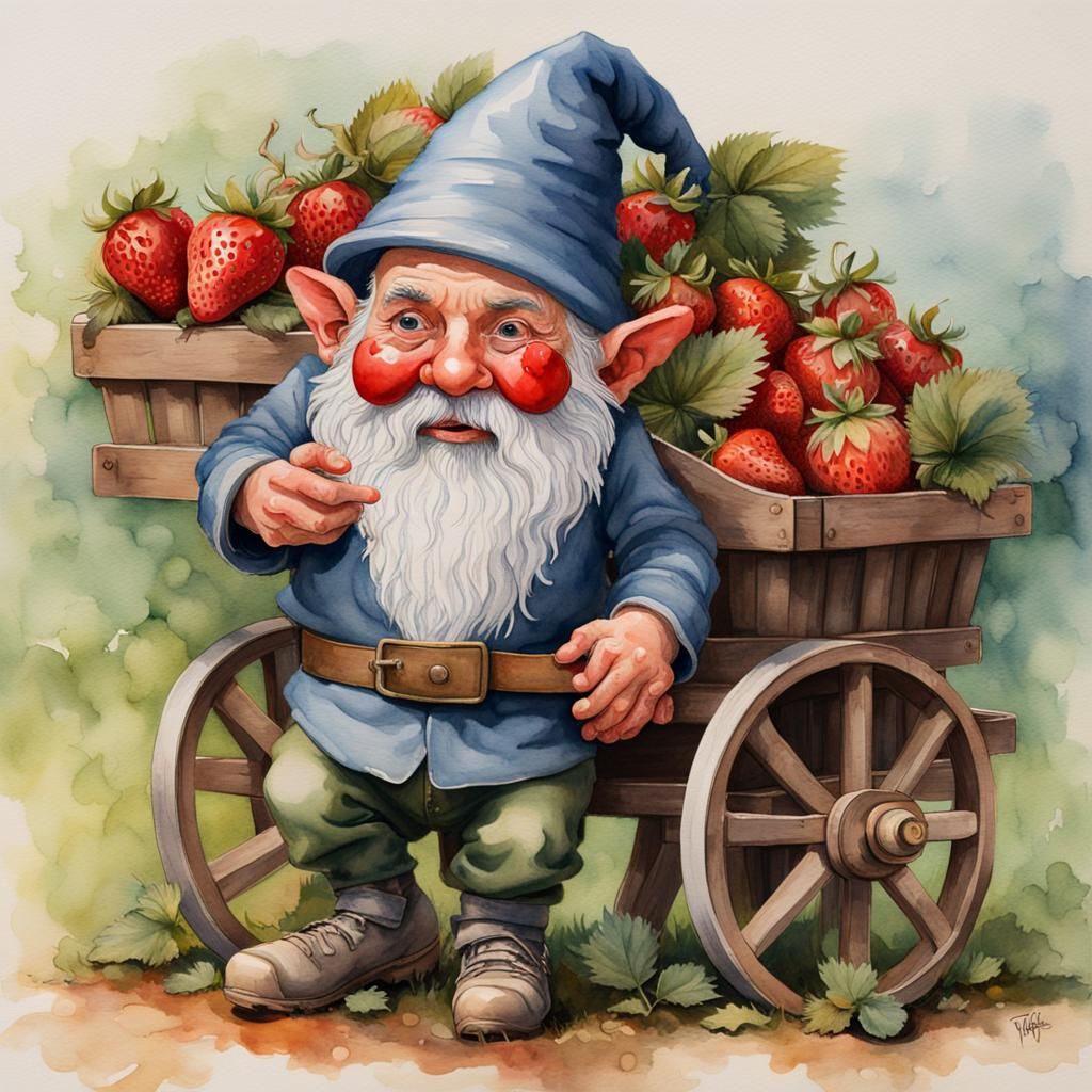 Gnome with Strawberries in Watercolor Style