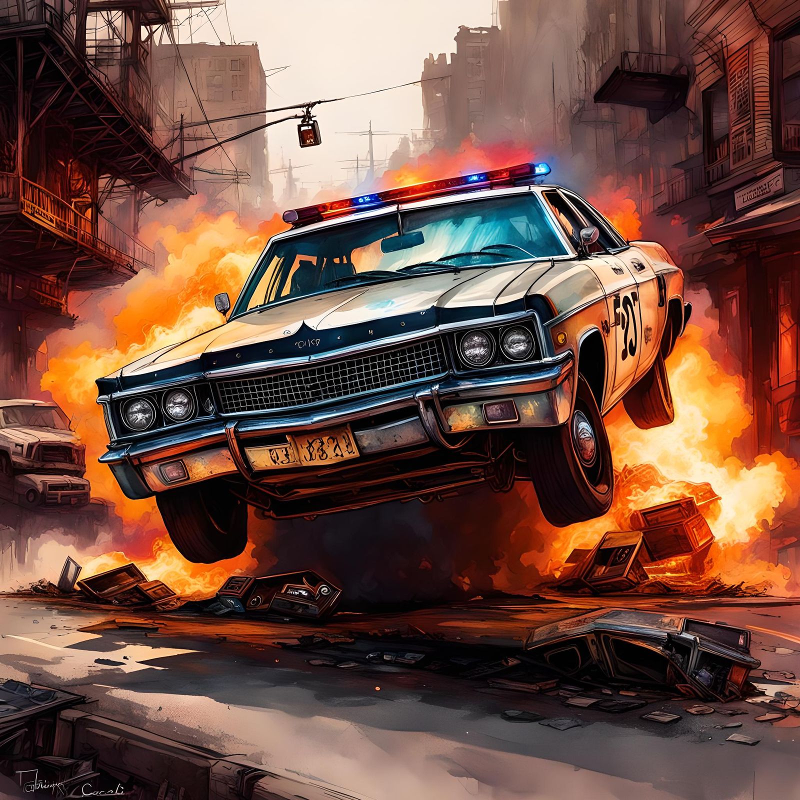Fiery Wreckage: A Post-Apocalyptic Cop Car