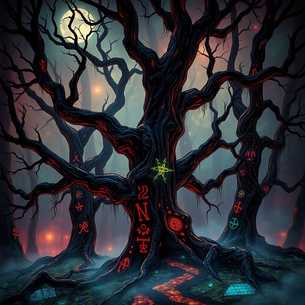 Twisted Trees in Ethereal Forest, Mosaic Glass Illuminated b...