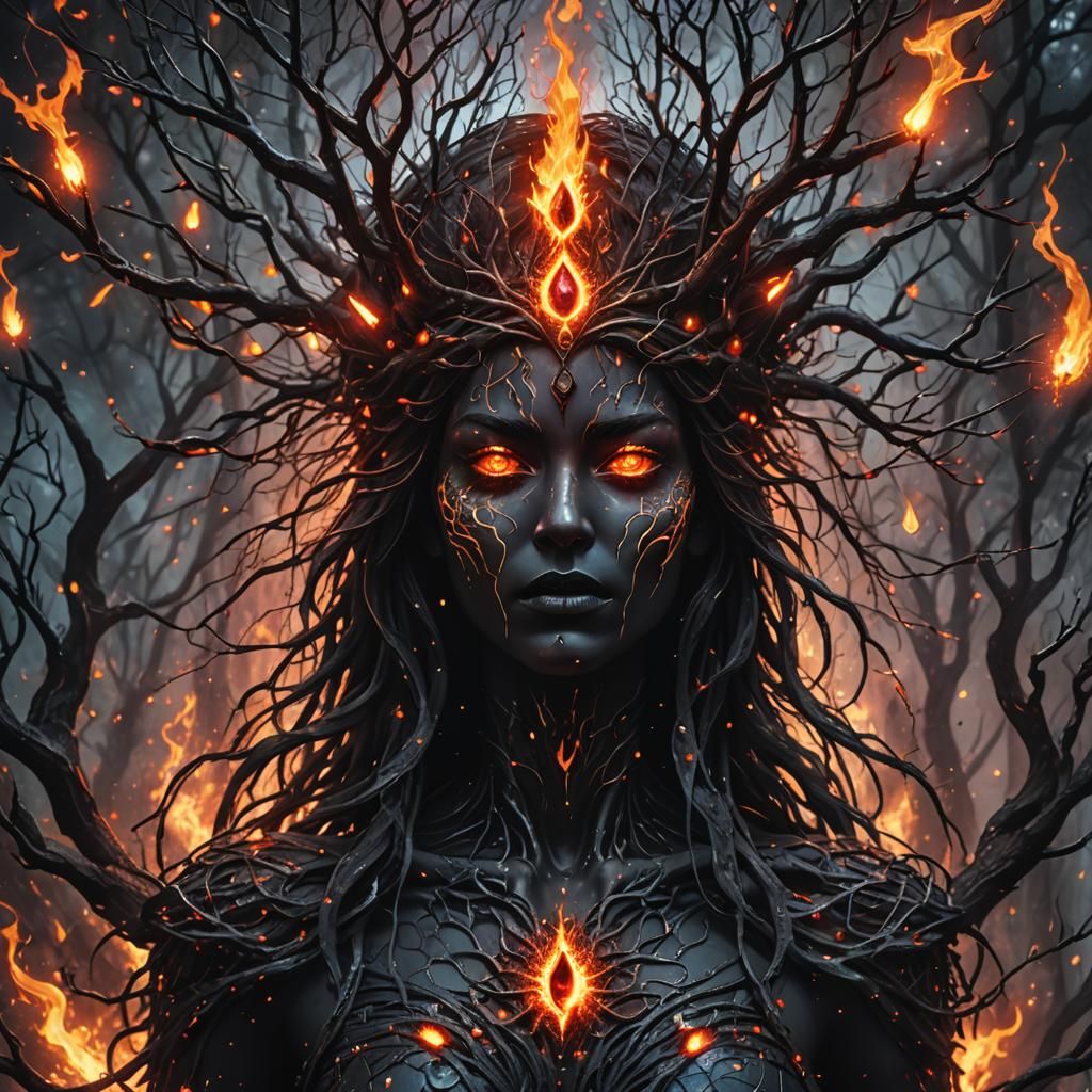 Creepy Goddess Formed From Burning Branches and Blood