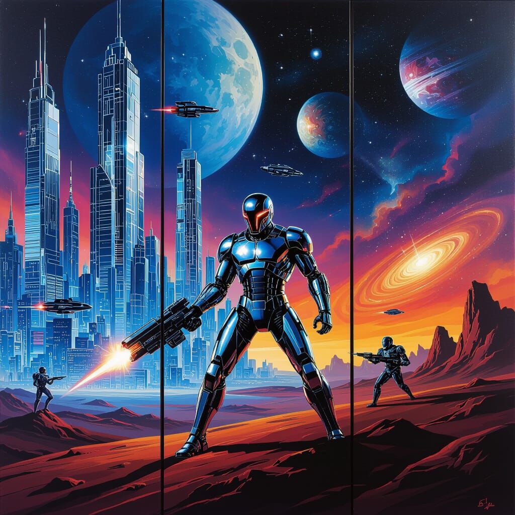 Futurist Triptych: Sci-Fi Cityscape, Warrior, and Celestial ...