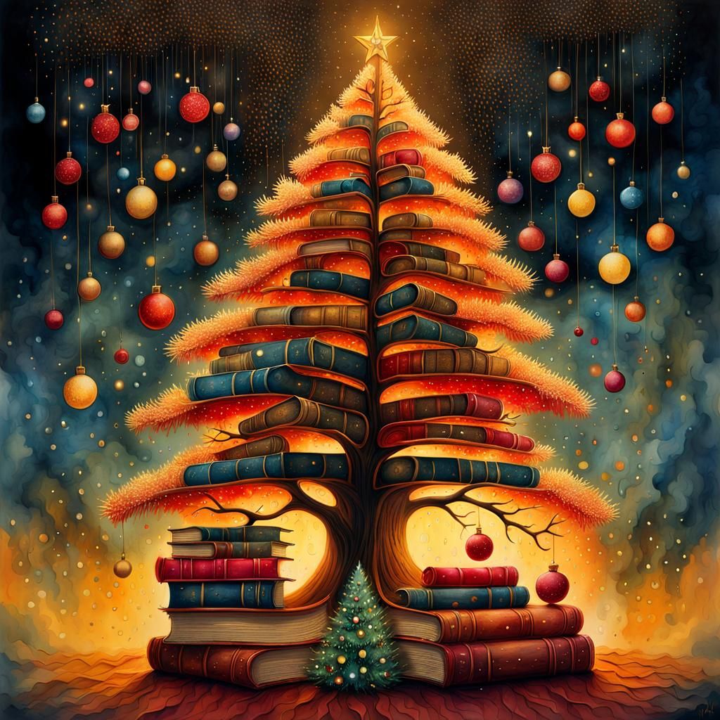 Whimsical Christmas Tree with Miniature Books, Watercolor Ar...
