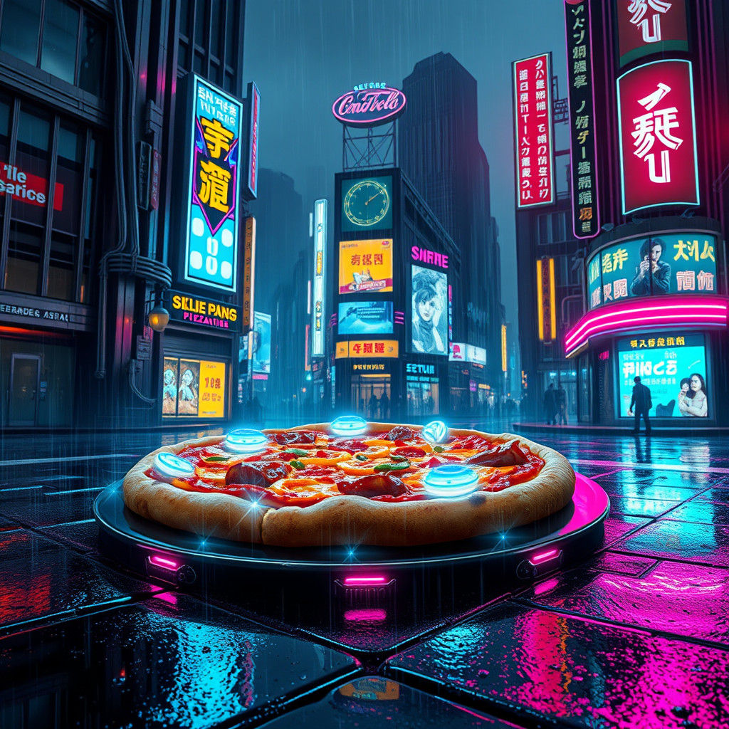 Futuristic Neon Pizza in Dystopian Cityscape