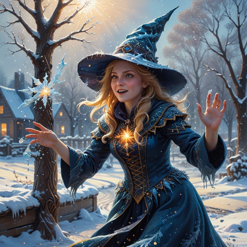Evil Winter Witch Throws Snow in Oil Painting