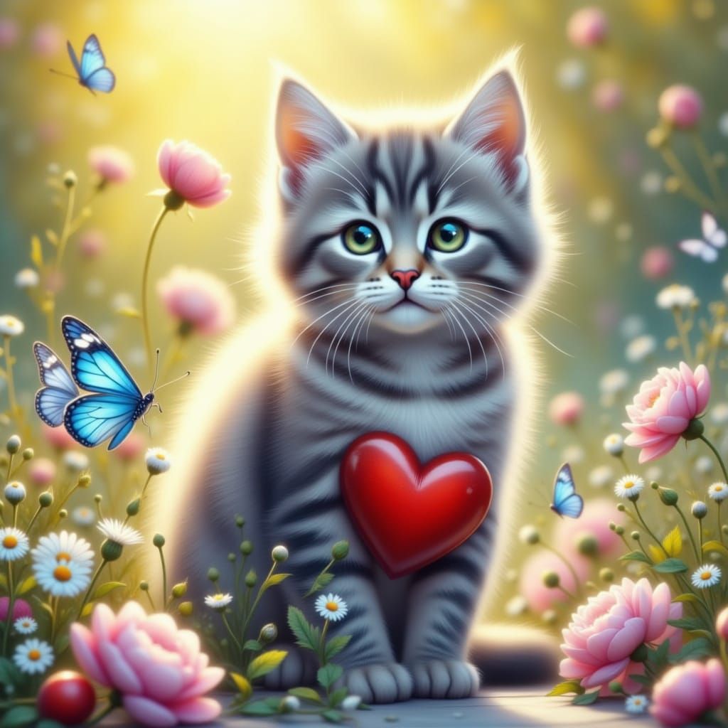 Whimsical Gray Tabby Kitten in Sunny Garden