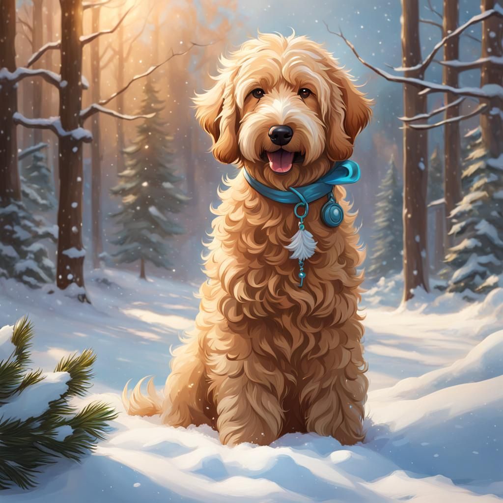 Golden Doodle in Snow: Hyperdetailed Digital Portrait