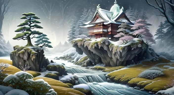 Origami Giraffe in Whimsical Japanese Landscape with Biolumi...