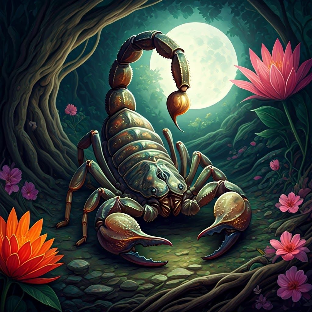Majestic Fleur de Lis Scorpion in Vibrant, Moonlit Garden