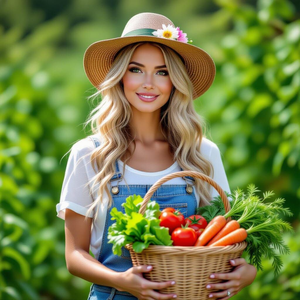 Beautiful Gardener Woman with Flower Hat and Fresh Produce