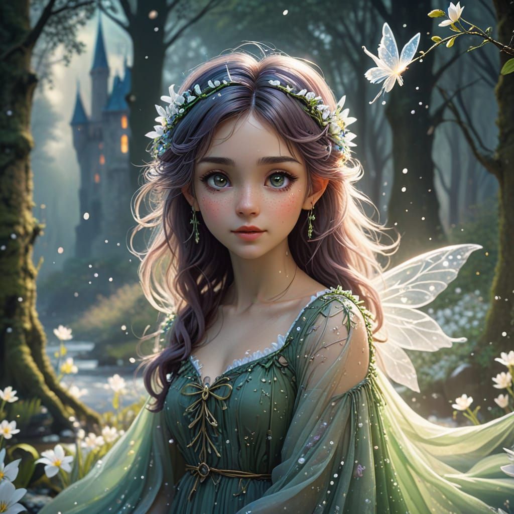 Mystical Pixie Fairy in Enchanted Snowdrop Forest