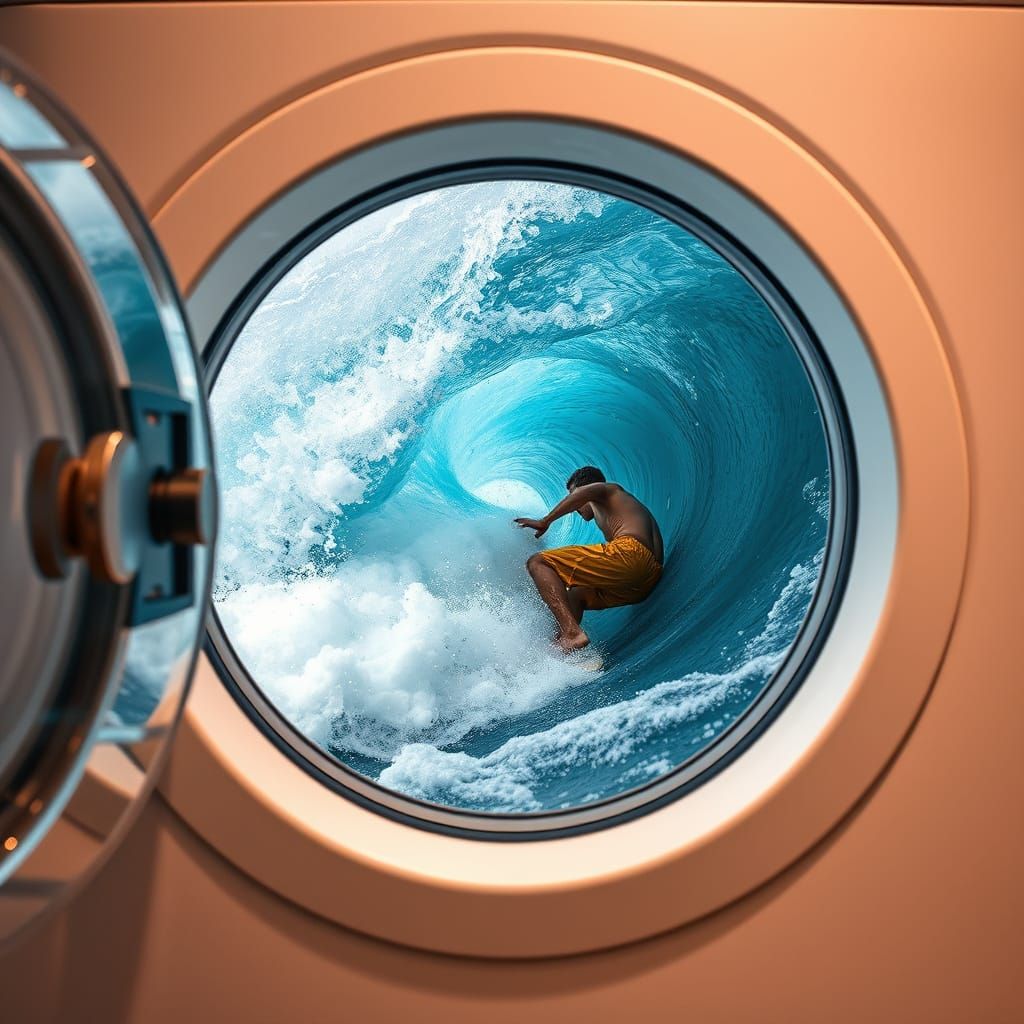 Surreal Surfing Scene in a Washing Machine