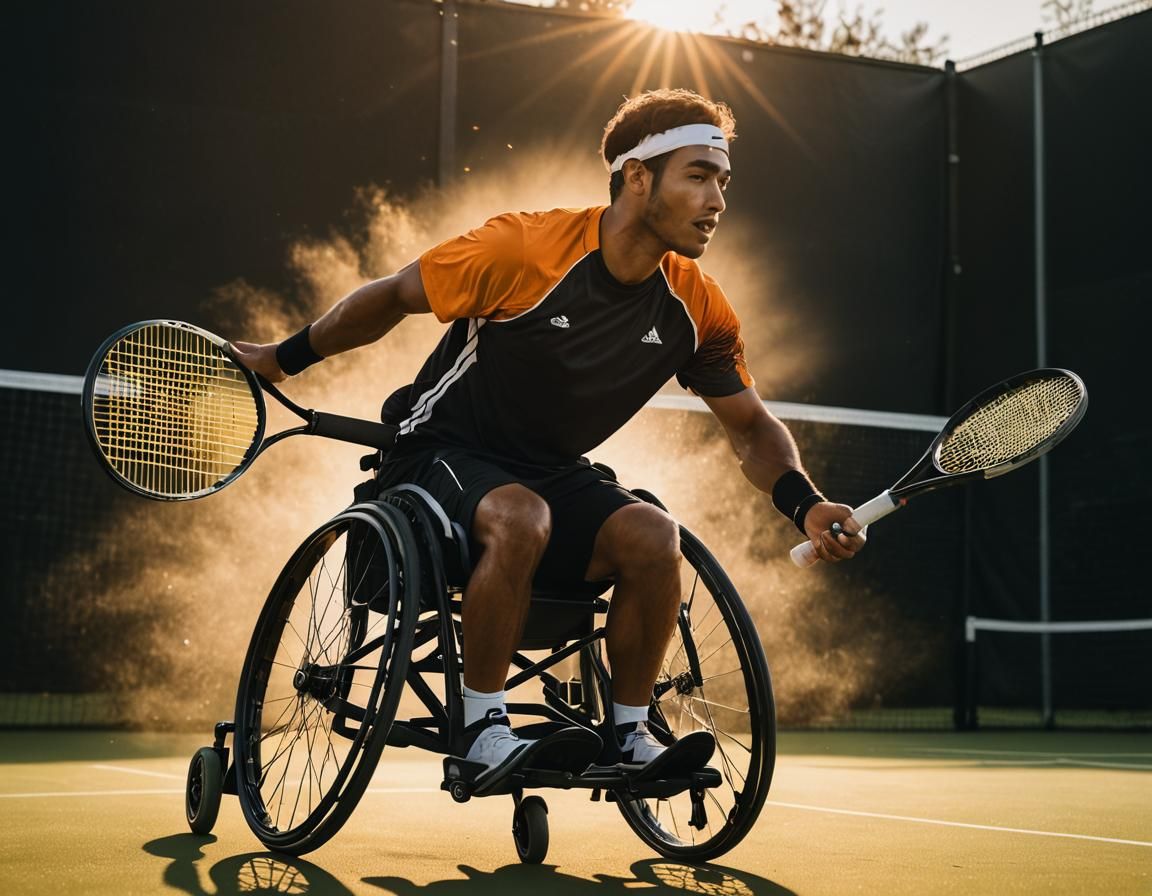 Para-Athlete in Wheelchair Playing Tennis at Golden Hour