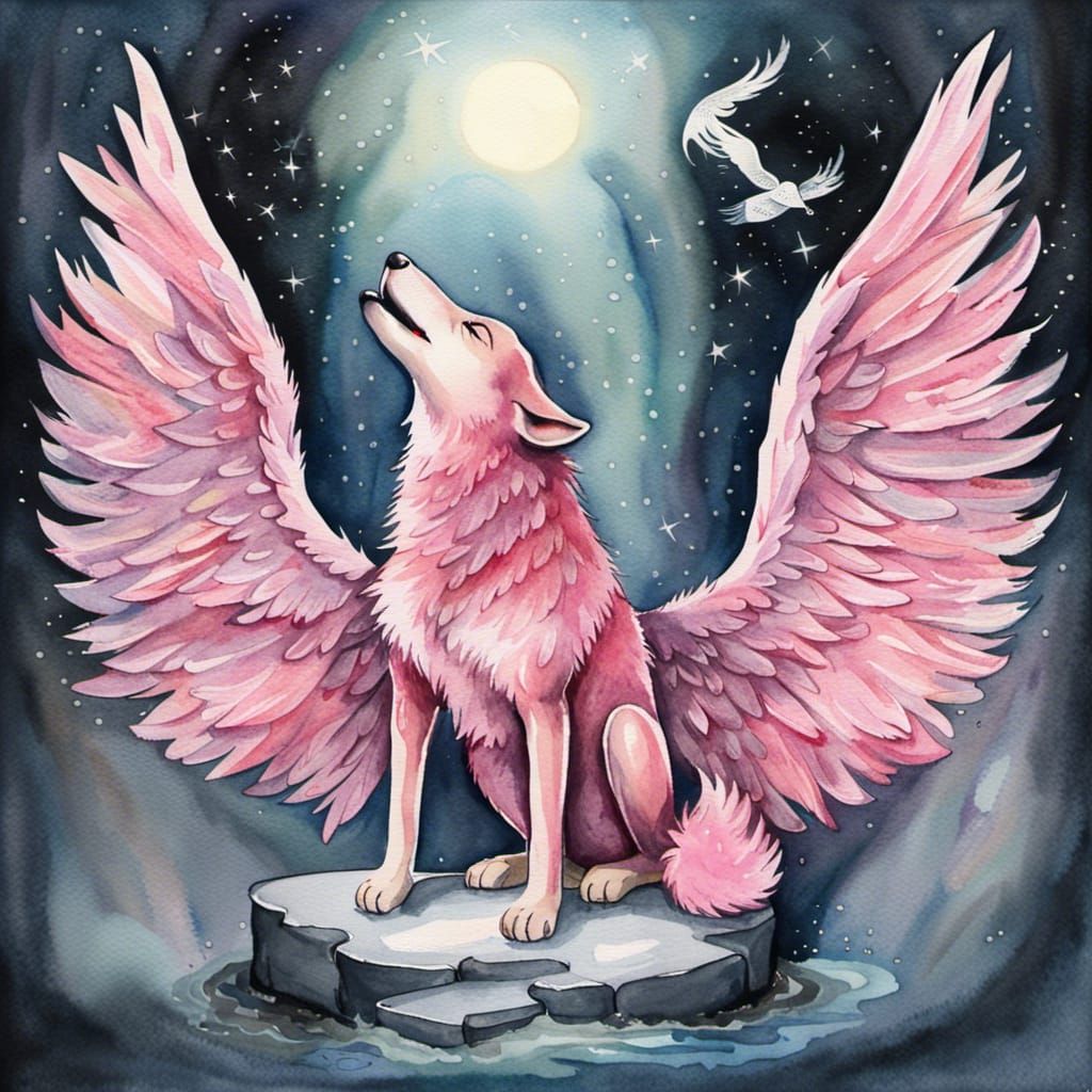 Pink Wolf with Angel Wings Watercolor