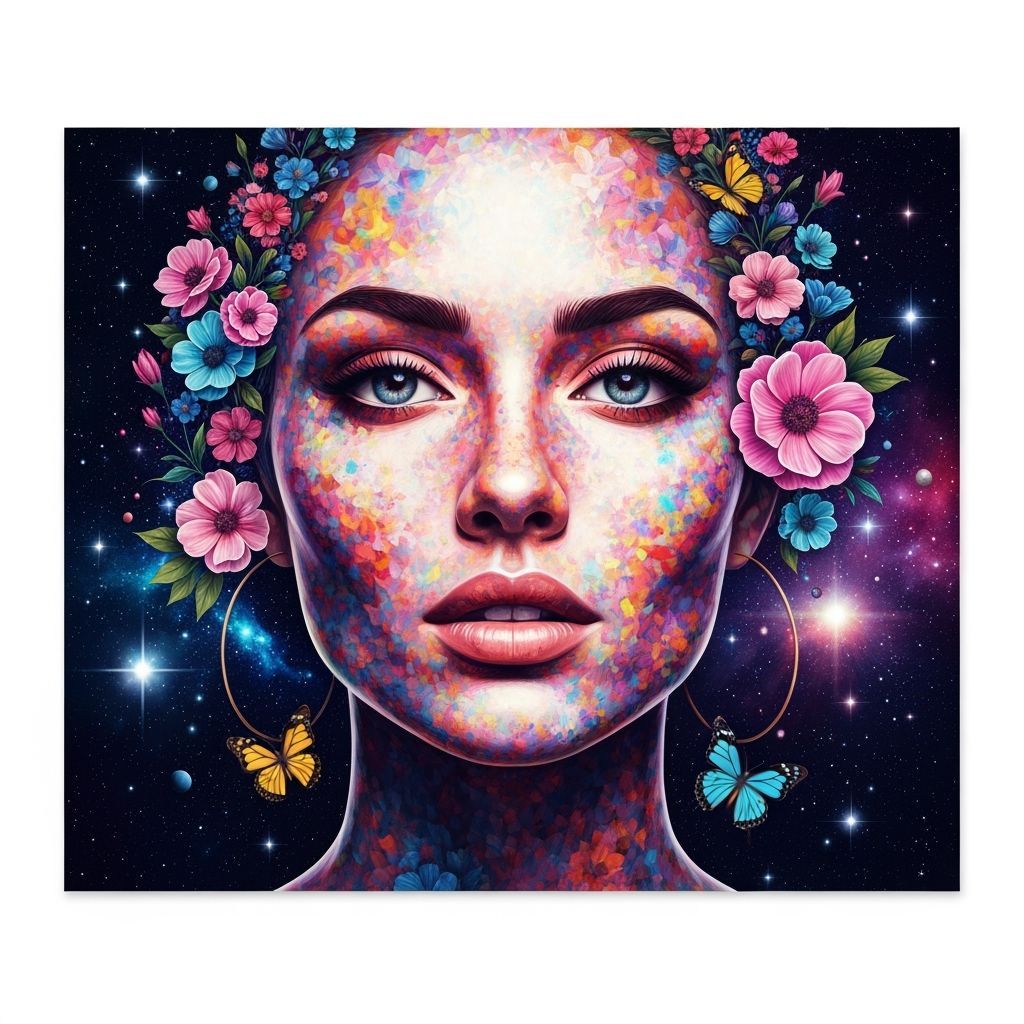 Surreal Mosaic Portrait with Flowers and Cosmic Background