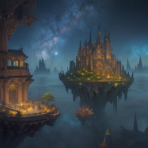 Floating Fantasy City Under Starry Sky
