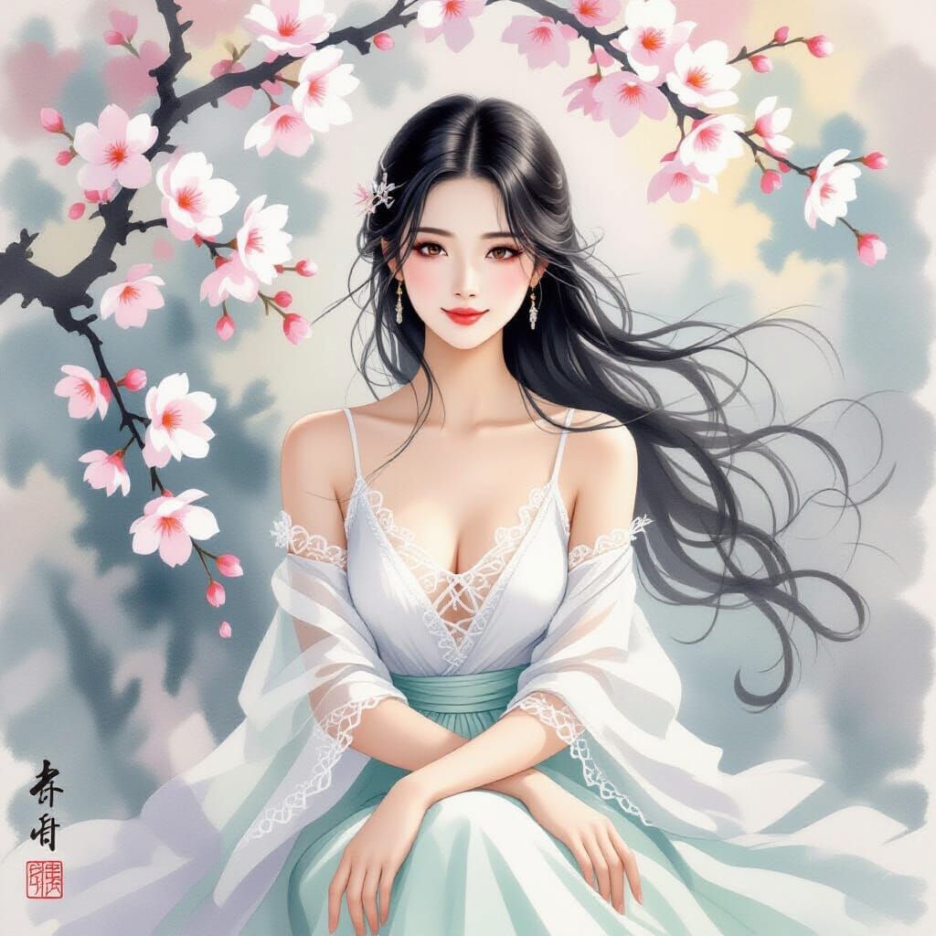 Chinese Ink Wash Painting of Serene Woman Among Blossoms