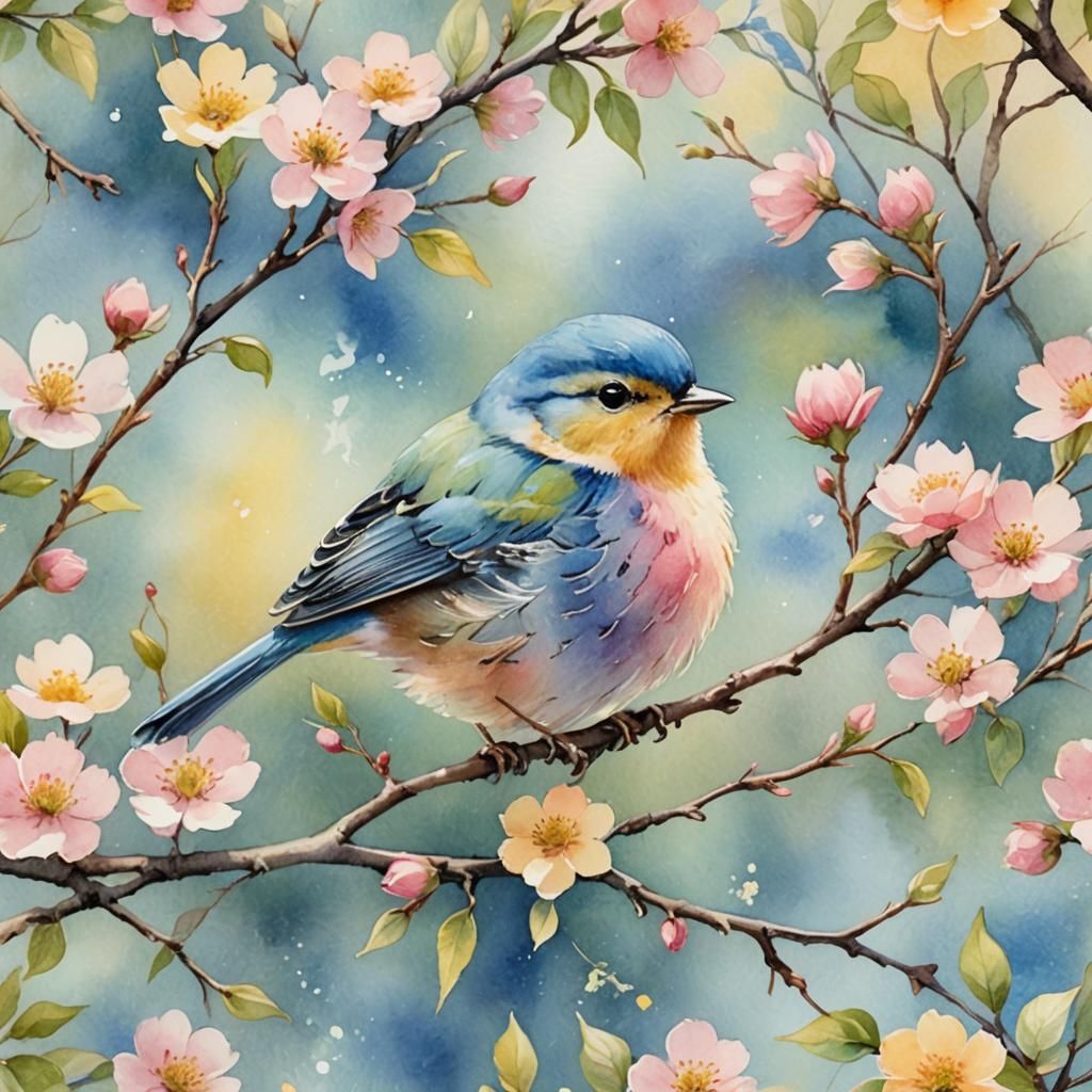 Bird on Blooming Branch in Watercolor Style