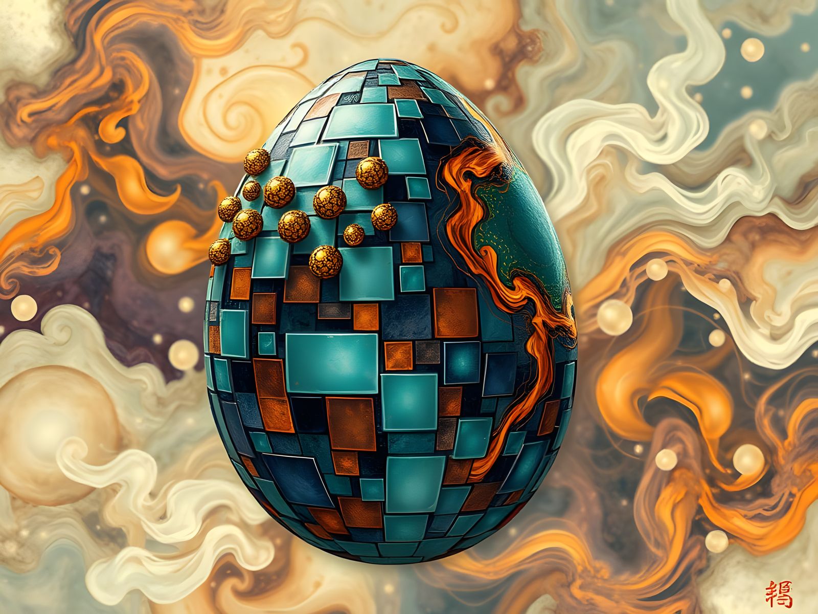 Egg in Vibrant Mosaic and Phosphorescent Geometric Patterns