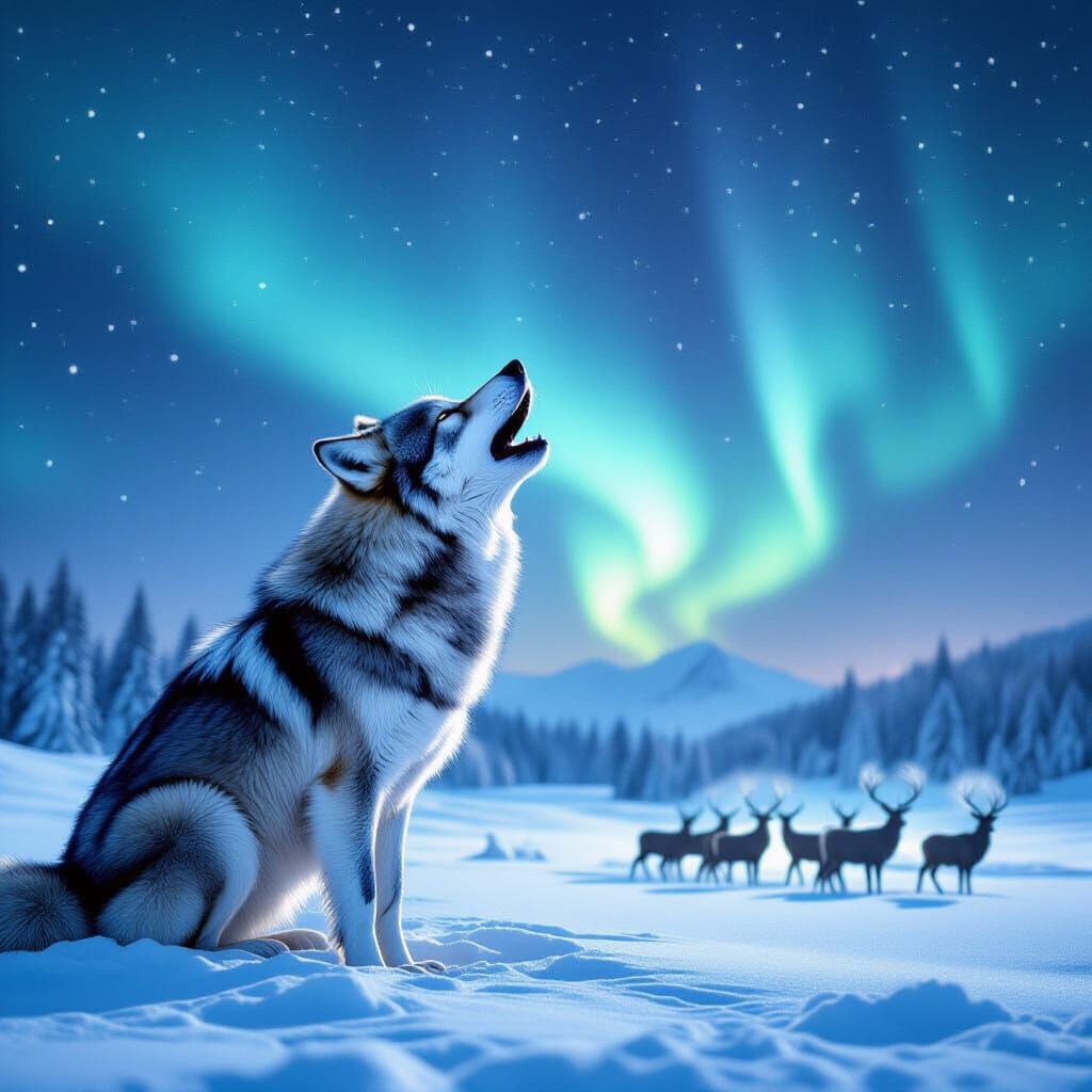 Wolf Howling at Northern Lights Over Deer Herd