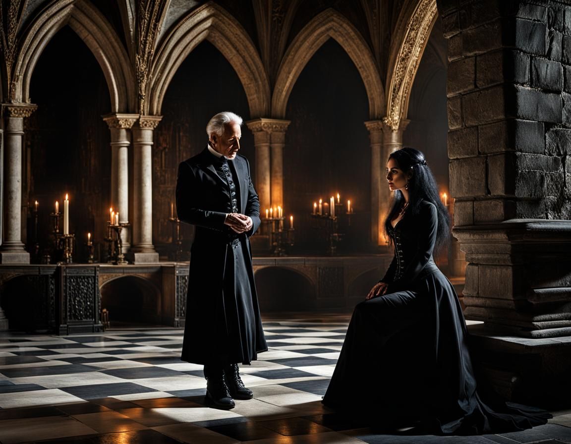 Gothic Woman Kneeling in Dark Castle