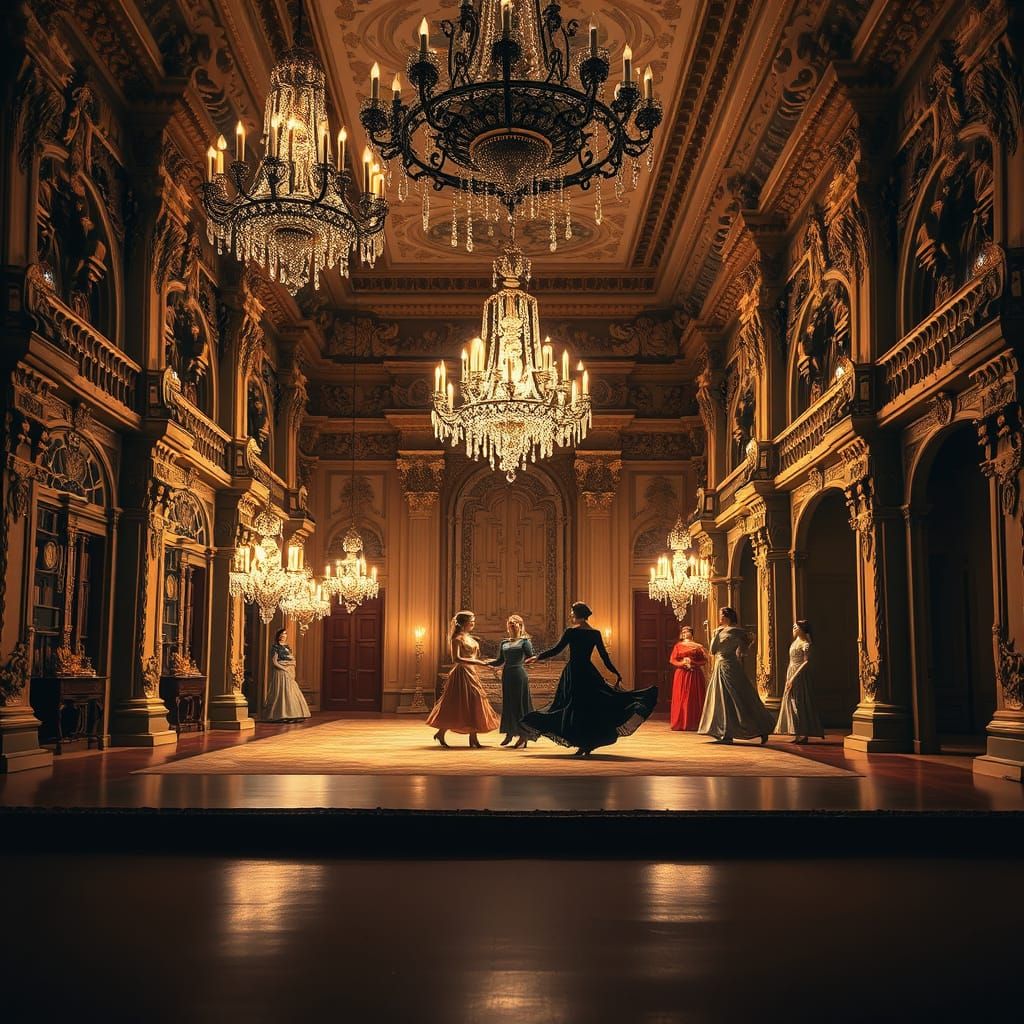 Baroque Chocolate Ballroom Scene with Victorian Dancers