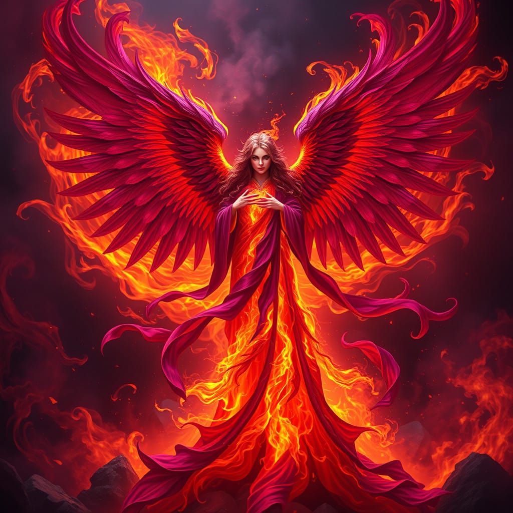 Majestic Fire Angel Swirls Amidst Crimson Flames