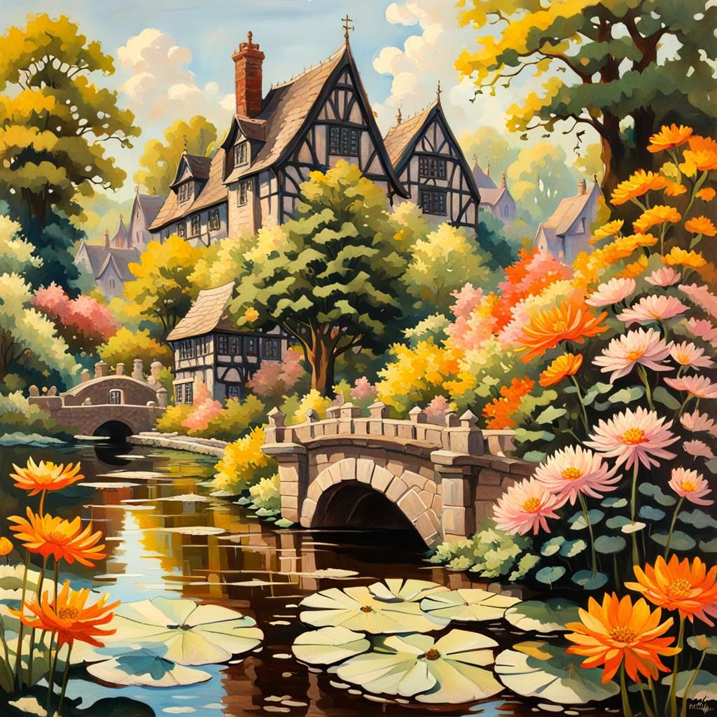 Idyllic Cottagecore Fishing Village in Impressionist Style