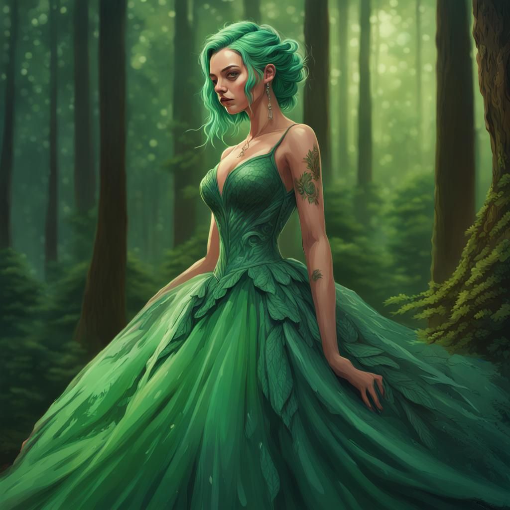 Green-Haired Girl in Forest Ballgown: Hyperrealistic Splash ...