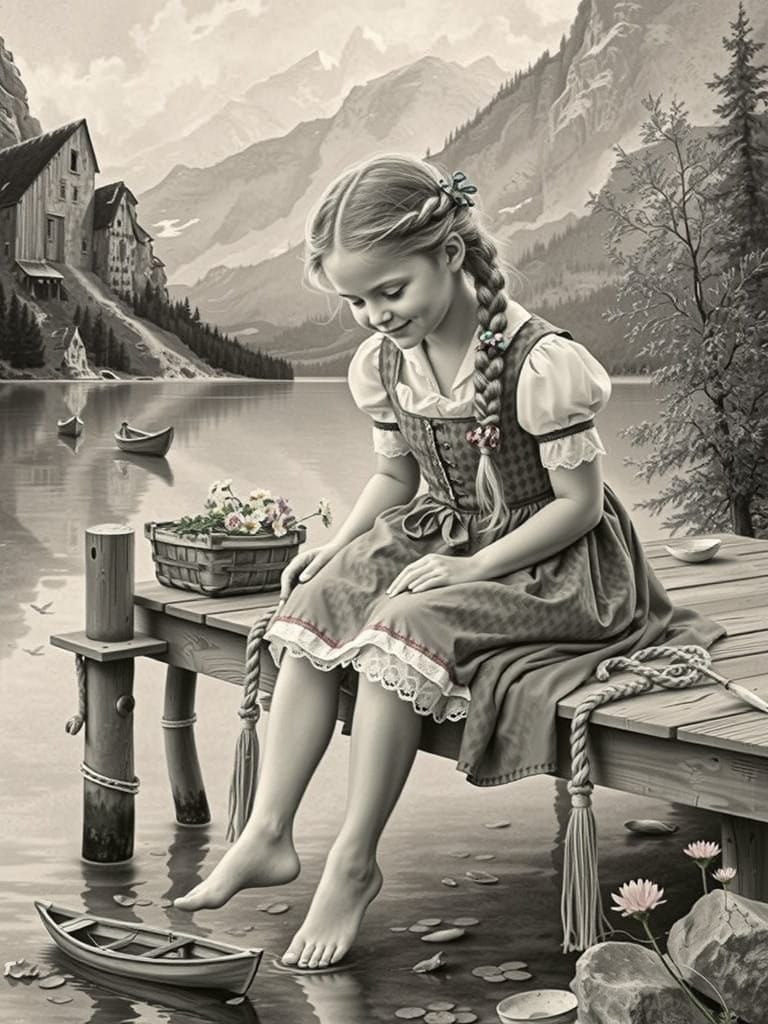 Young Girl in Traditional Bavarian Dirndl Surrounded by Alpi...