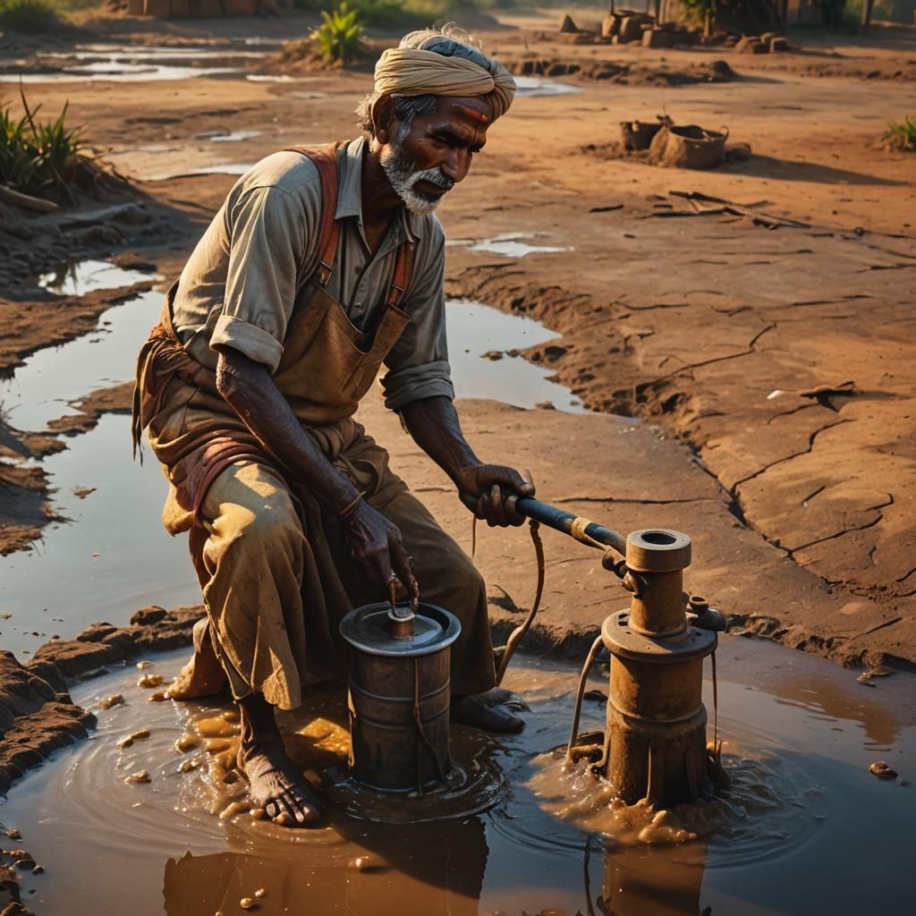 Hyperrealistic Salt Farmer in India with Water Pump