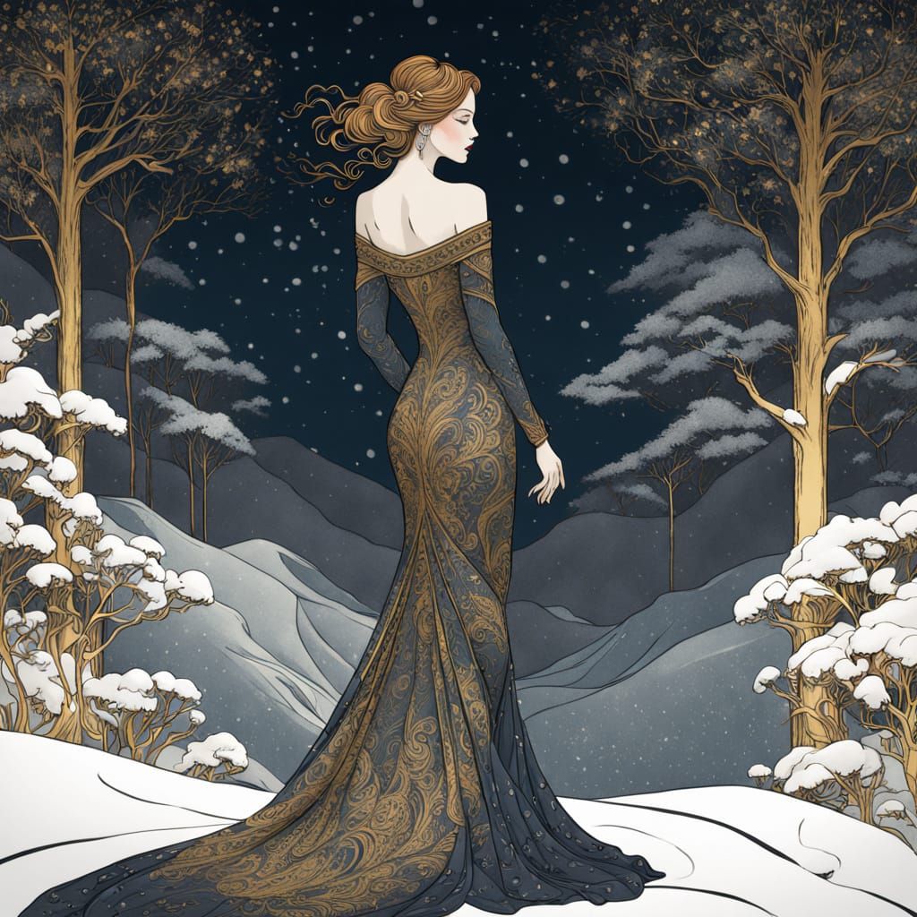 Serene Woman in Art Nouveau Gown Watching Snow Fall