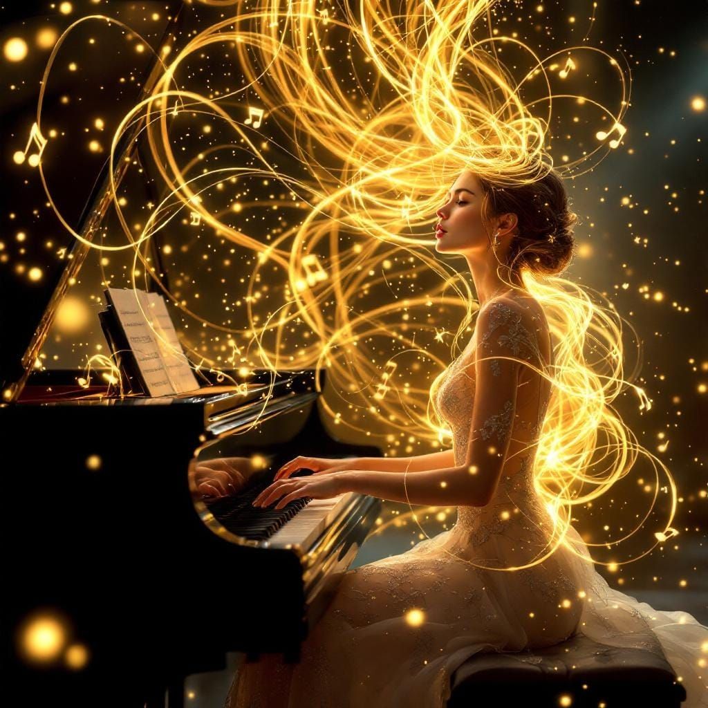 Elegant Woman at Piano with Magical Music