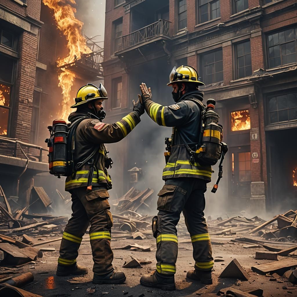 A firefighter and a paramedic giving each other a high five ...