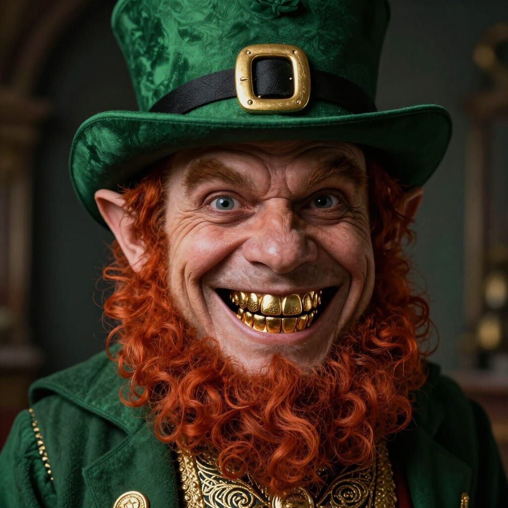 Mischievous Leprechaun with Gleaming Gold Teeth