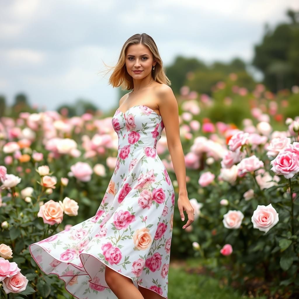 Beautiful Woman in Latex Dress in Rose Garden