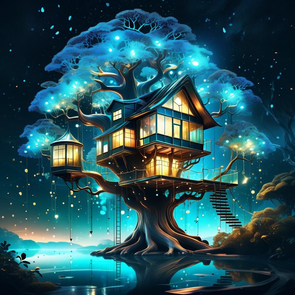 Futuristic Treehouse in Enchanted Forest: 3D Digital Art