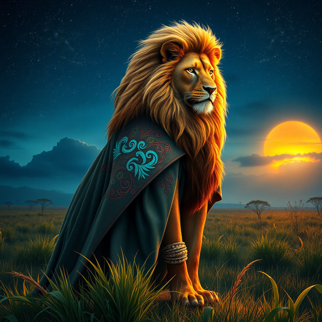 Lion Girl in Mystical Savannah Landscape