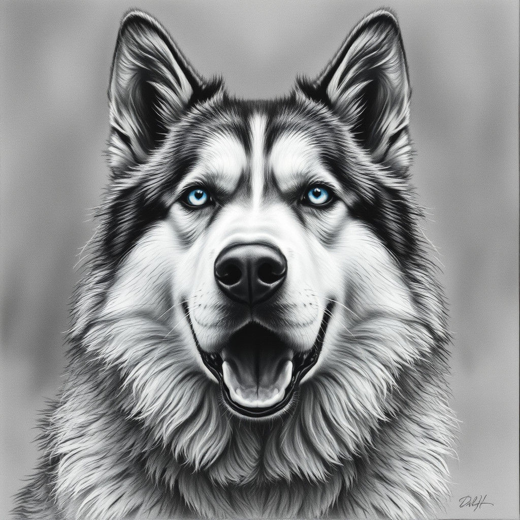 Hyper-Realistic Charcoal Drawing of a Siberian Husky
