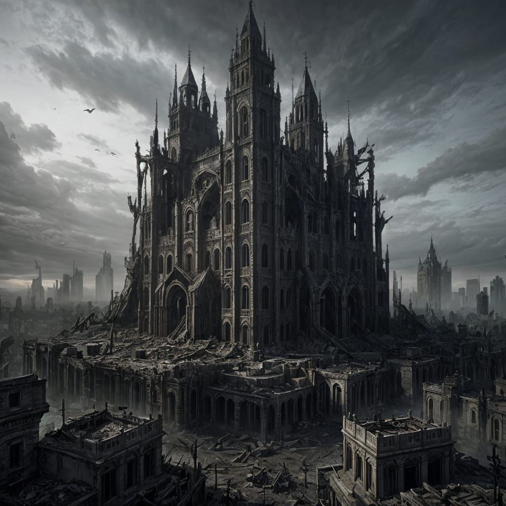 Post-Apocalyptic City Ruins with Spooky Trees