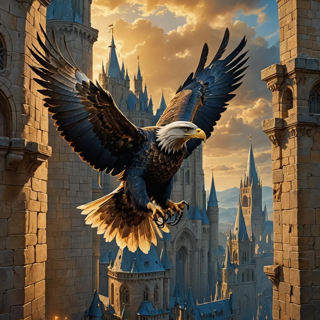 Golden Eagle Soaring Above Gothic Tower