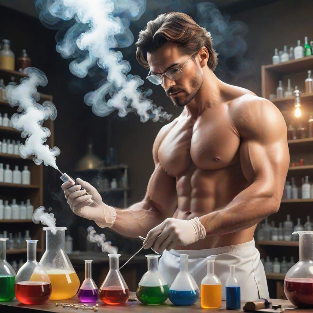 A handsome shirtless beefcake chemist in his lab mixing formulas and reagents with vapors drifting in the air. romantici...