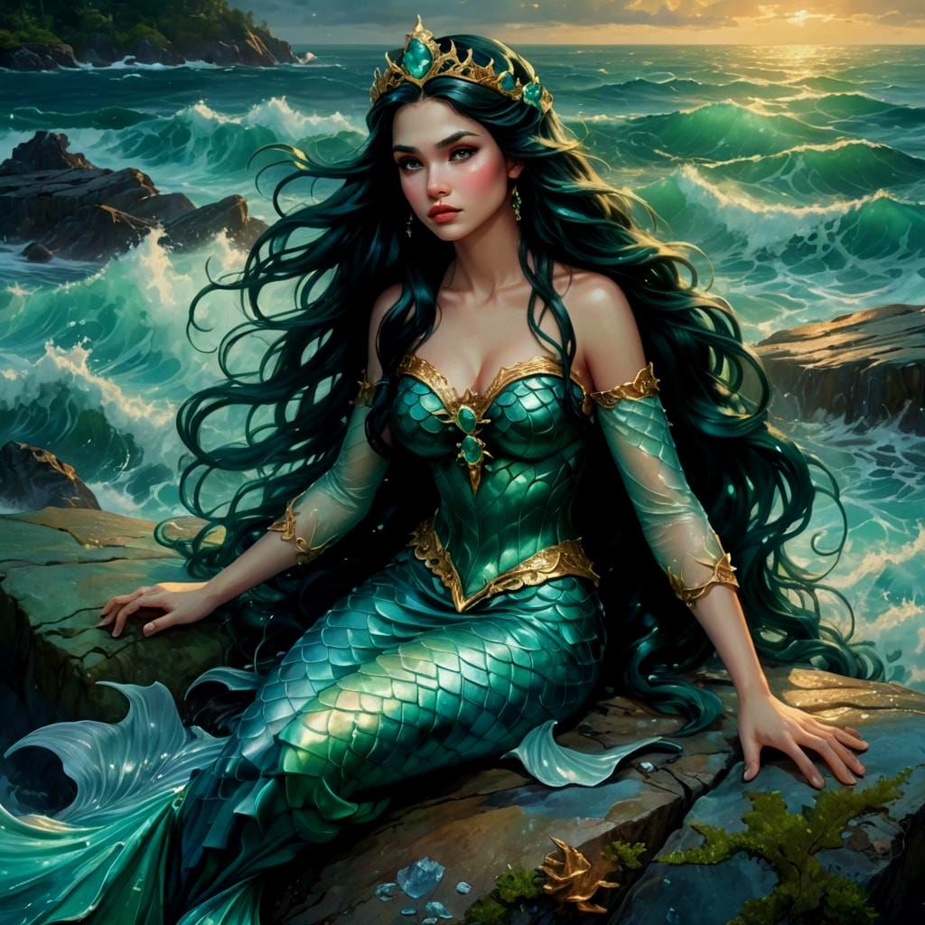 Mermaid in Emerald Outfit on a Rock at Dusk