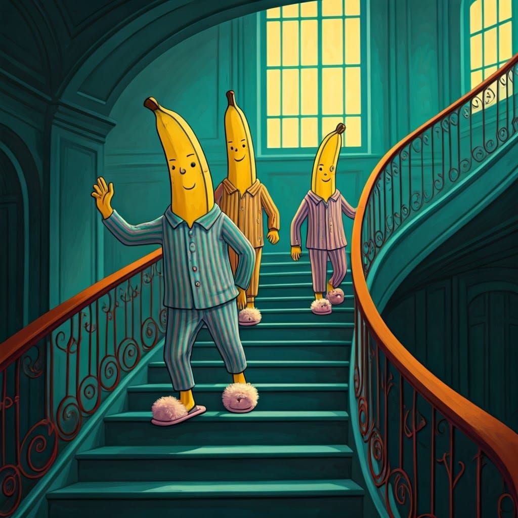 Bananas in Pyjamas Descend a Whimsical Staircase