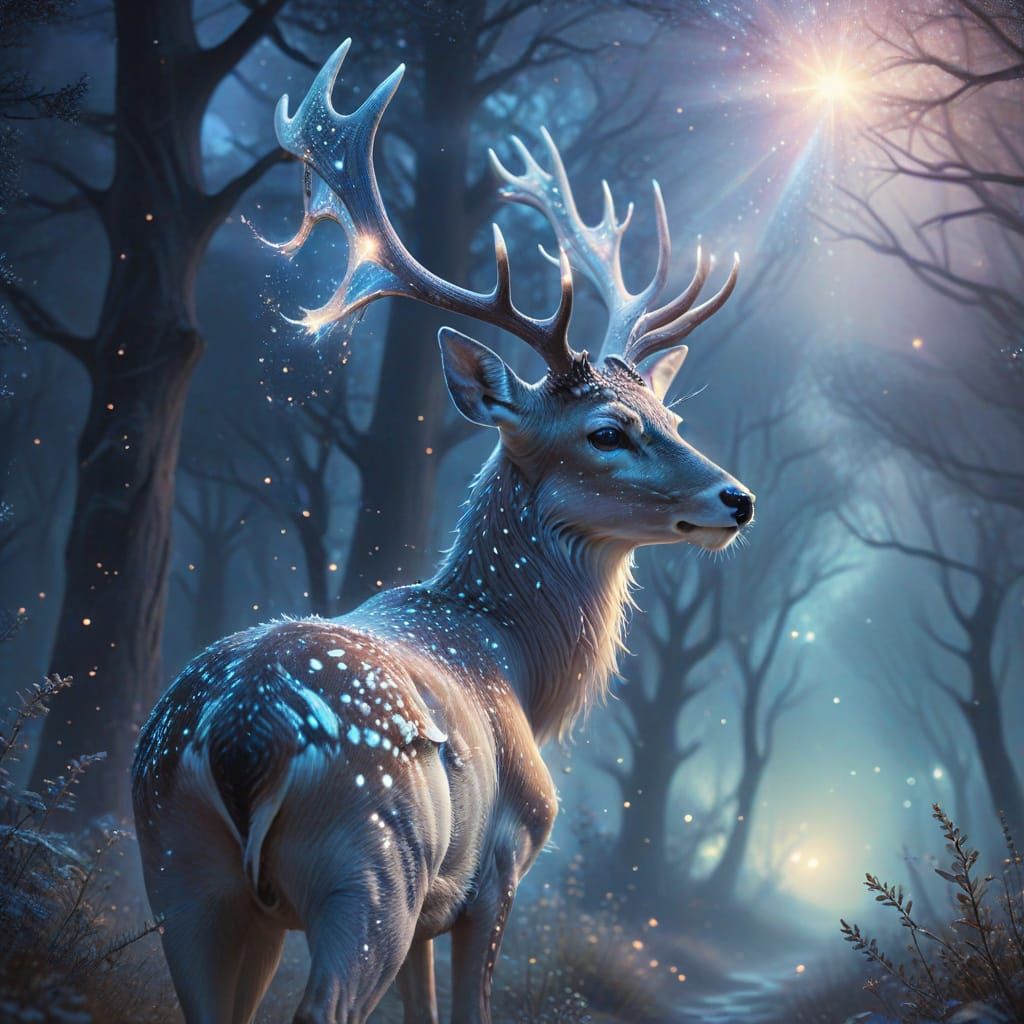 Ghostly Deer Guides Travelers in Starry Sky
