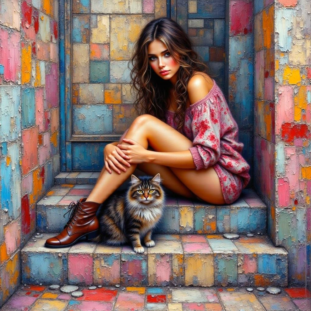 Colorful Impasto Woman and Cat on Tiled Steps