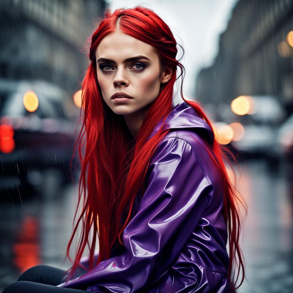 Cara Delevingne in Glossy PVC Rain Jacket