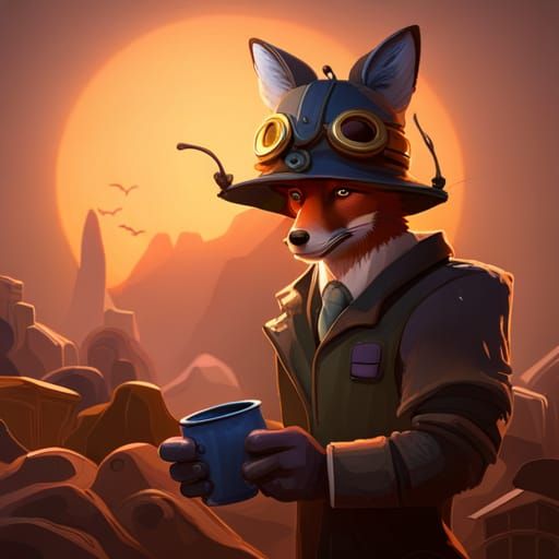Fox with Tea Cup in Dark Fantasy Style