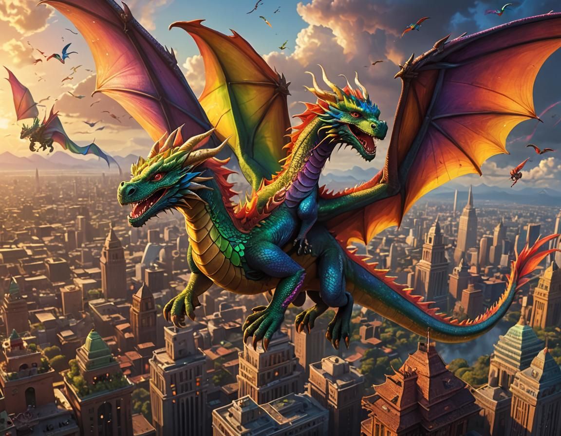 Rainbow Dragons Delivering Tacos at Sunset