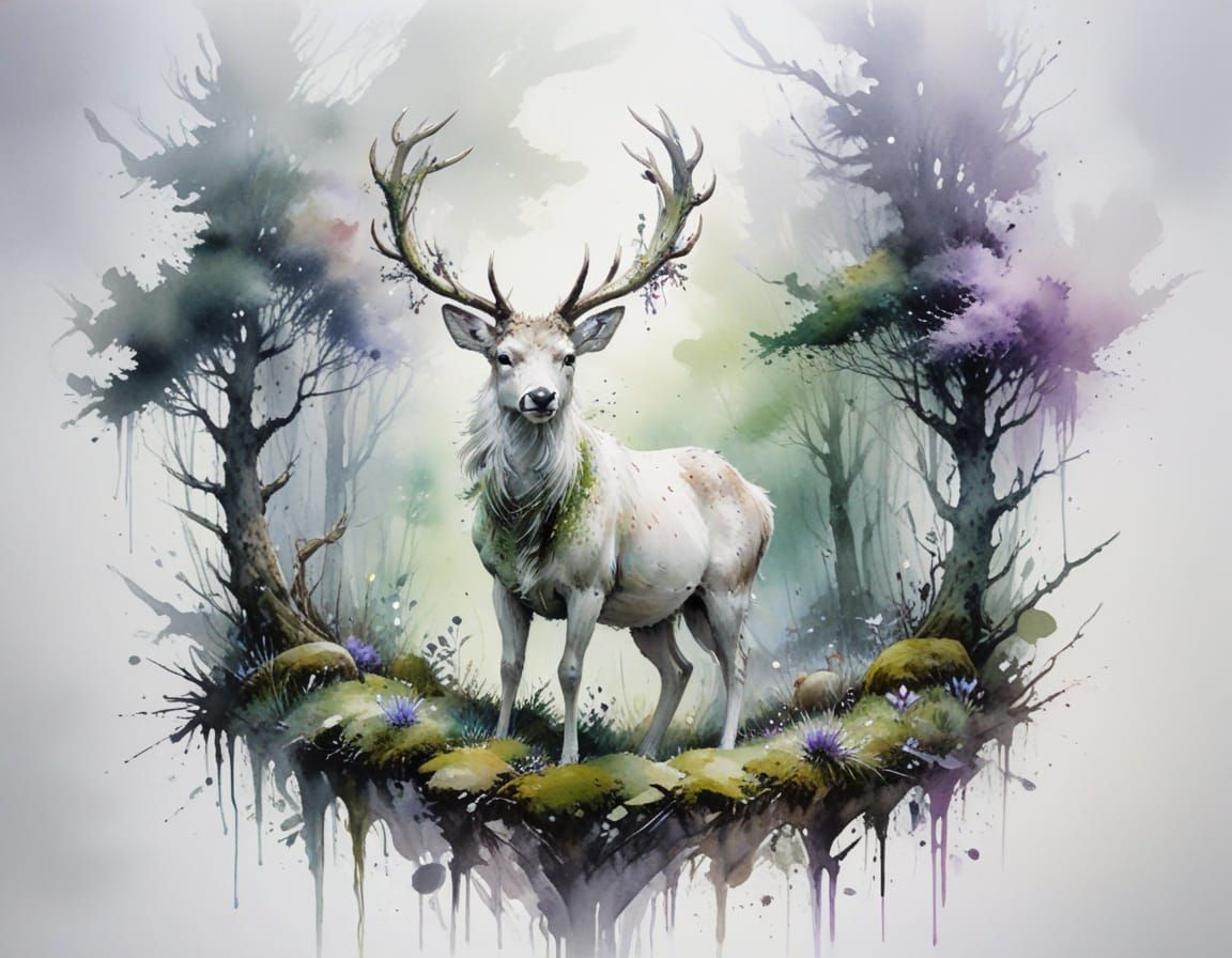 White Stag with Tree Antlers in Misty Forest